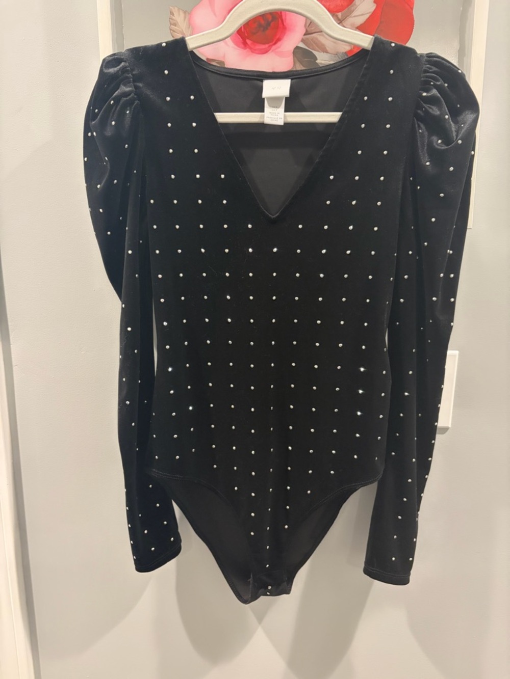 H&M Velvet Rhinestone Studded Black Bodysuit Size Small